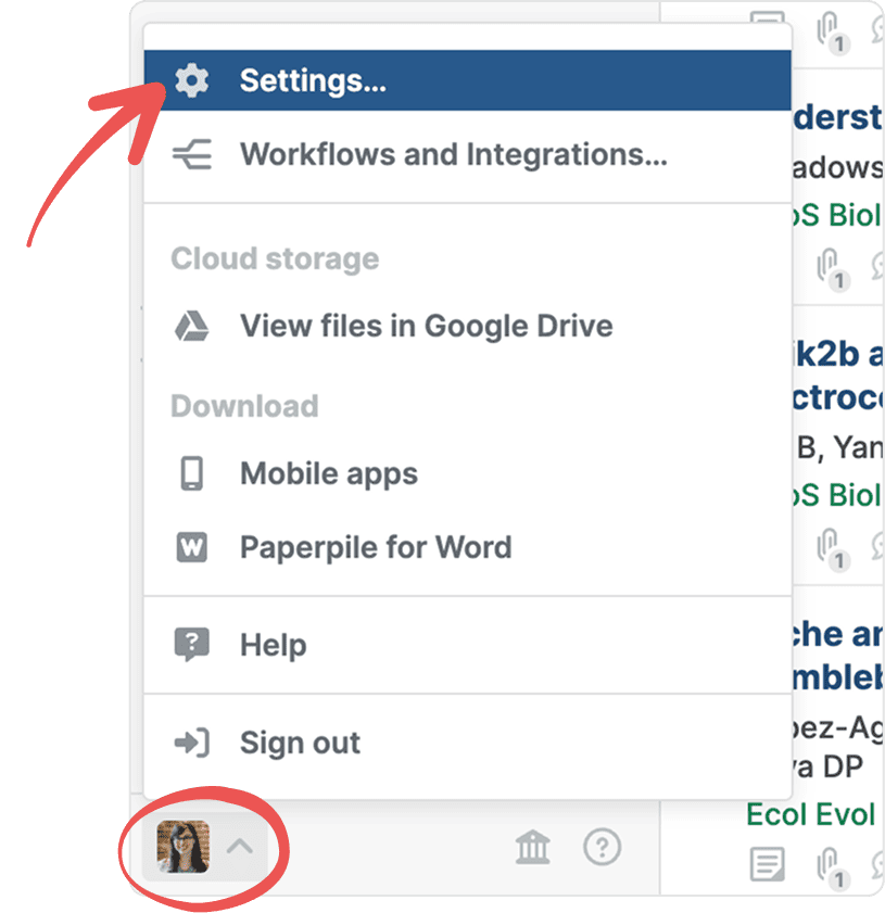The profile menu opened from the circled avatar at the foot of the sidebar, with a red arrow pointing to the highlighted “Settings…” entry above Workflows and Integrations, Cloud storage, Download, Help and Sign out.